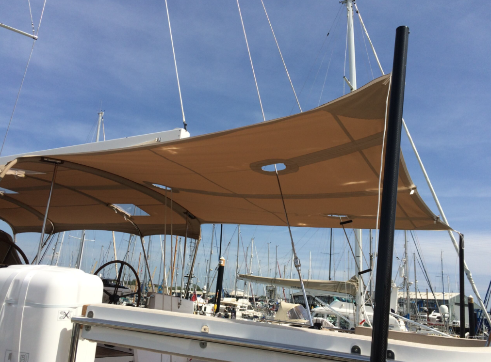 Oyster 495 Aft Deck Awning, Carbon Poles and Fishing Pole Holders - By Dolphin Sails