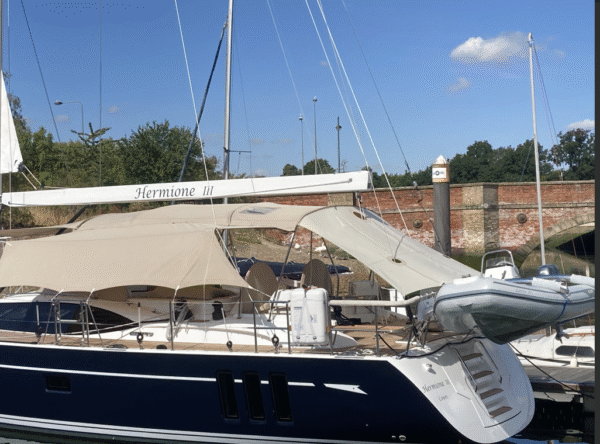 Oyster 565 Aft Deck Awning to Pushpit