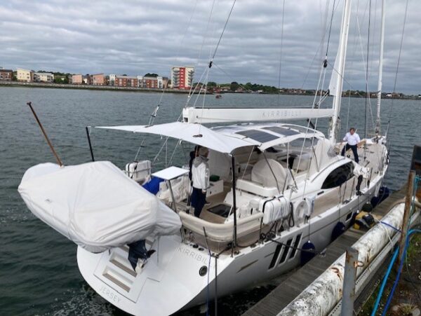 Aft Deck Awning with Carbon Poles for Oyster 495 by Dolphin Sails.